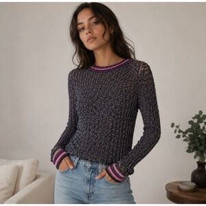 MAX&Co Textured Knit Long Sleeve Top Metallic Trim Back Zip Size Small